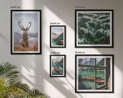 Set van moderne schilderijen met natuur, wilde dieren en bergen