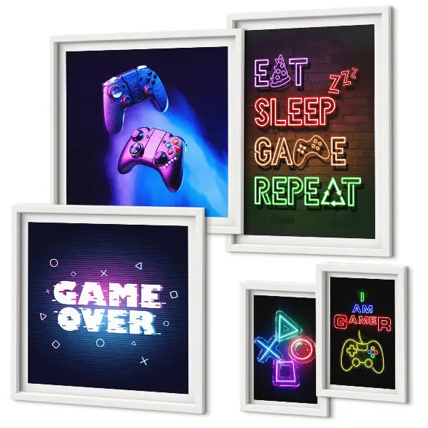 Gallery wall met neon thema voor computerspellen