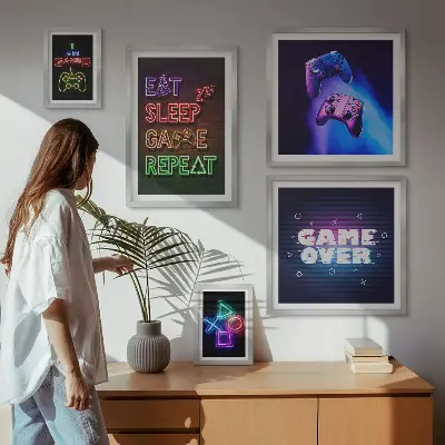 Gallery wall met neon thema voor computerspellen