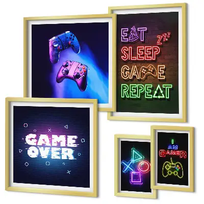 Gallery wall met neon thema voor computerspellen
