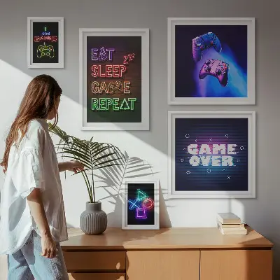 Gallery wall met neon thema voor computerspellen