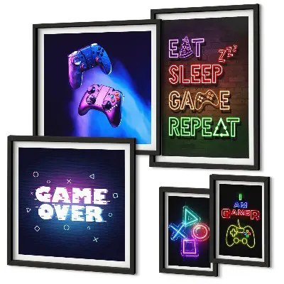 Gallery wall met neon thema voor computerspellen