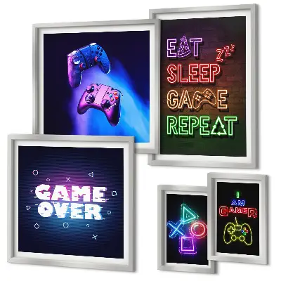 Gallery wall met neon thema voor computerspellen