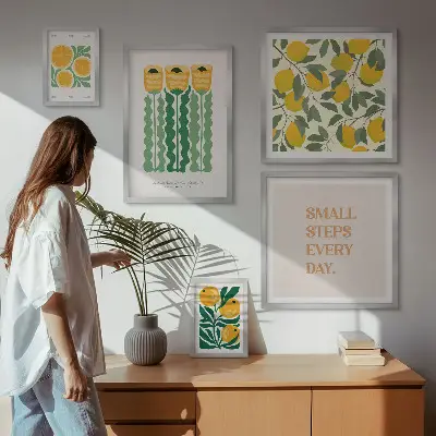 Set van moderne schilderijen met bloemen, citrusvruchten en positieve slogans