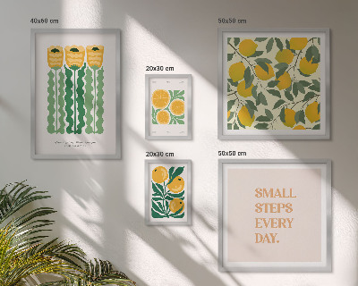 Moderne schilderijen set Bloemen, citrusvruchten, positieve slogans
