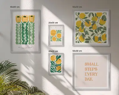 Set van moderne schilderijen met bloemen, citrusvruchten en positieve slogans