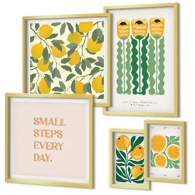 Set van moderne schilderijen met bloemen, citrusvruchten en positieve slogans