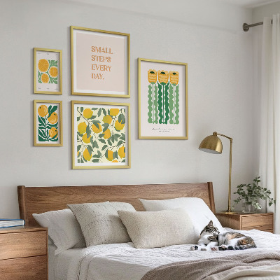 Moderne schilderijen set Bloemen, citrusvruchten, positieve slogans