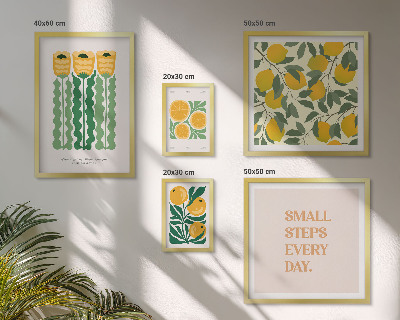Moderne schilderijen set Bloemen, citrusvruchten, positieve slogans
