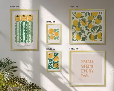 Set van moderne schilderijen met bloemen, citrusvruchten en positieve slogans