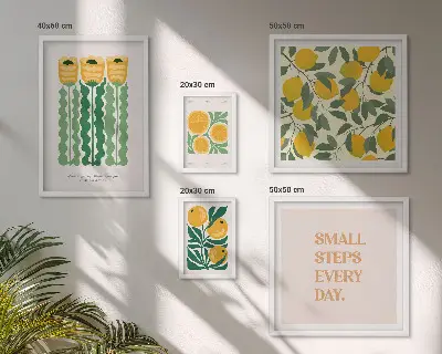 Set van moderne schilderijen met bloemen, citrusvruchten en positieve slogans