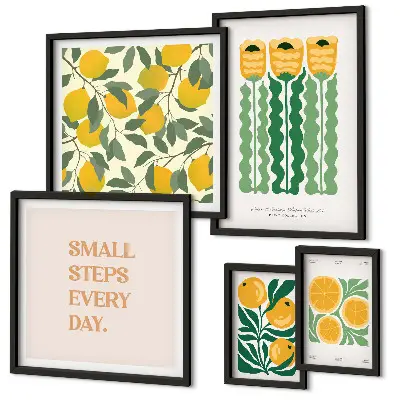 Set van moderne schilderijen met bloemen, citrusvruchten en positieve slogans