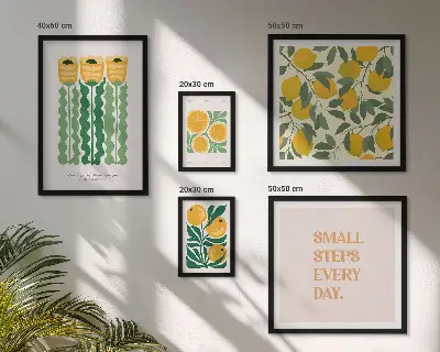 Set van moderne schilderijen met bloemen, citrusvruchten en positieve slogans