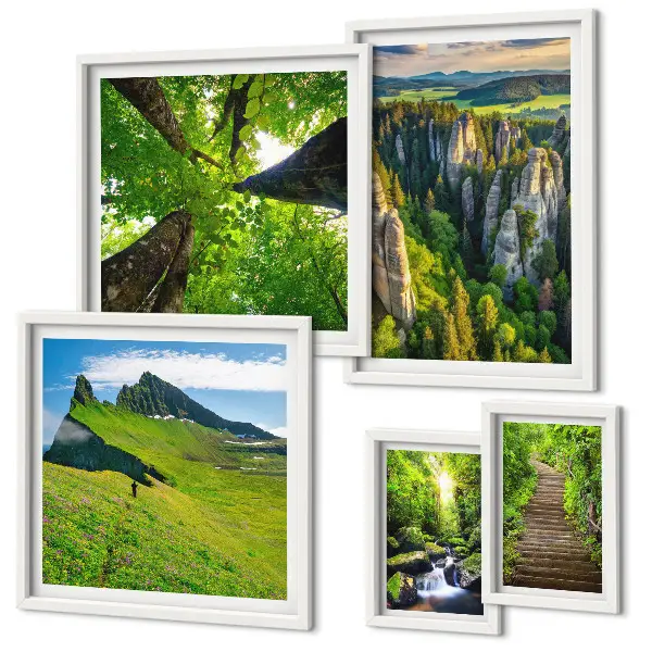 Wanddecoratie compositie groene landschappen met natuurpaden
