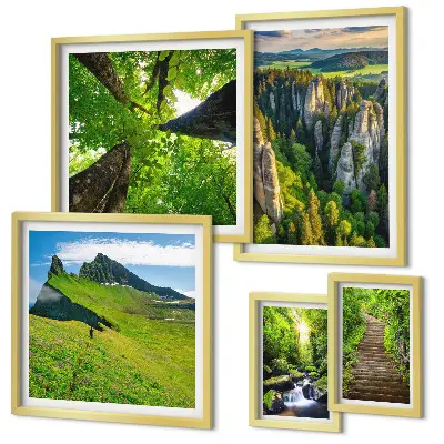 Wanddecoratie compositie groene landschappen met natuurpaden