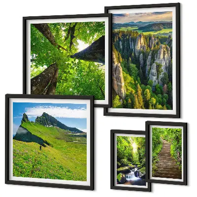 Wanddecoratie compositie groene landschappen met natuurpaden