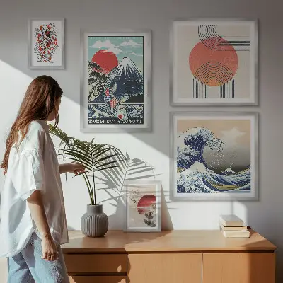 Wanddecoratie met Japanse kunst motief van golven voor een gallery wall