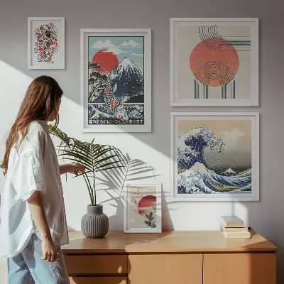 Wanddecoratie met Japanse kunst motief van golven voor een gallery wall