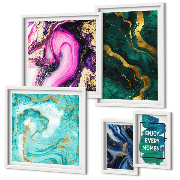 Moderne schilderijen set Abstracte patronen met groen en paars.