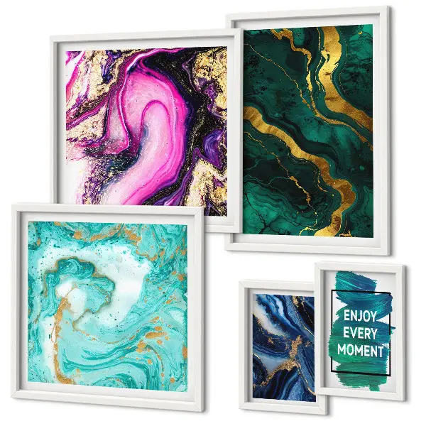 Set van moderne schilderijen met abstracte patronen in groen en paars