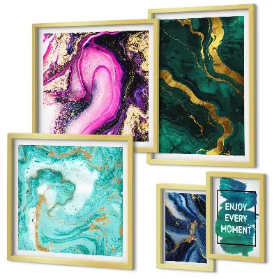 Set van moderne schilderijen met abstracte patronen in groen en paars