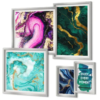 Set van moderne schilderijen met abstracte patronen in groen en paars