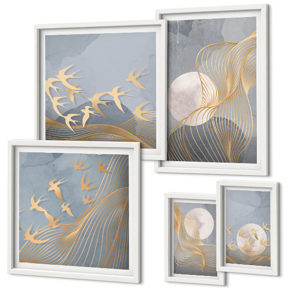 Moderne schilderijen set Abstracte golven en vogels