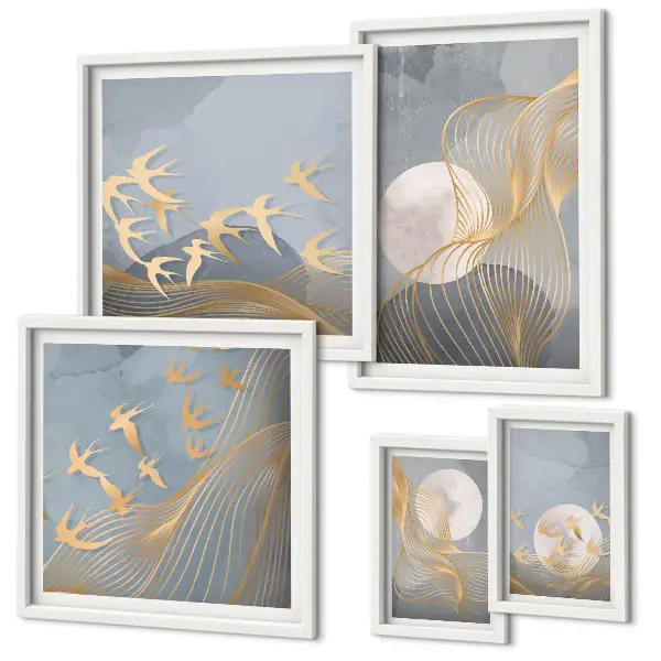 Moderne schilderijen set met abstracte golven en vogels
