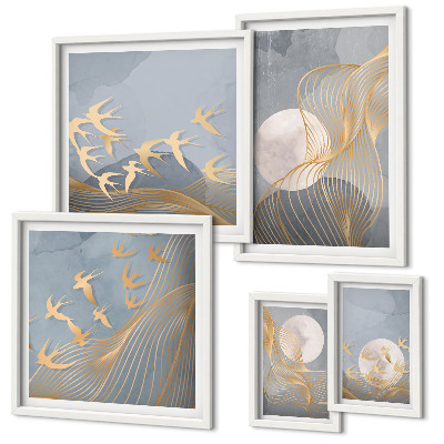 Moderne schilderijen set Abstracte golven en vogels