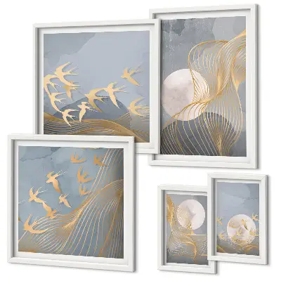 Moderne schilderijen set met abstracte golven en vogels