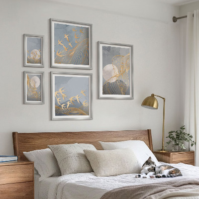 Moderne schilderijen set Abstracte golven en vogels