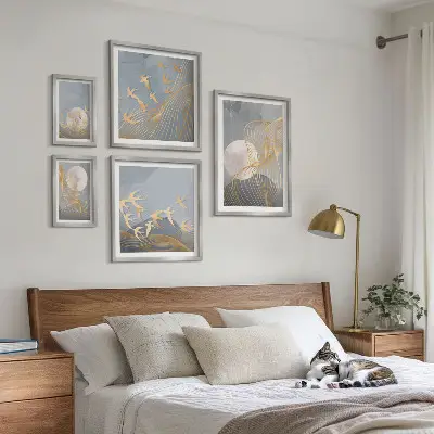 Moderne schilderijen set met abstracte golven en vogels
