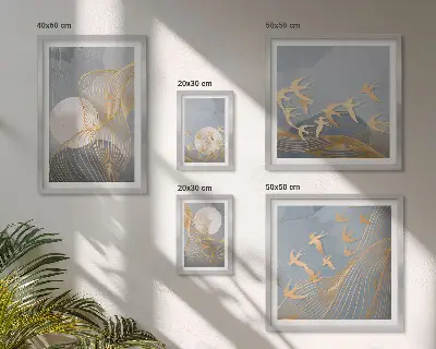 Moderne schilderijen set met abstracte golven en vogels