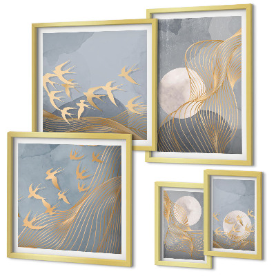 Moderne schilderijen set Abstracte golven en vogels