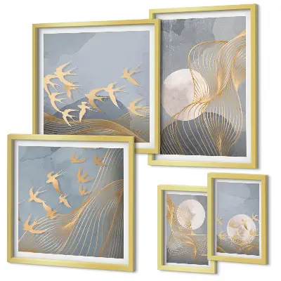 Moderne schilderijen set met abstracte golven en vogels