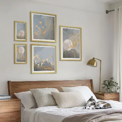 Moderne schilderijen set met abstracte golven en vogels