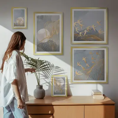 Moderne schilderijen set met abstracte golven en vogels
