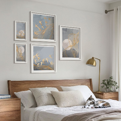 Moderne schilderijen set Abstracte golven en vogels