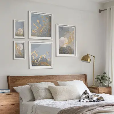 Moderne schilderijen set met abstracte golven en vogels