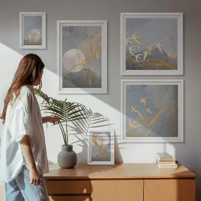 Moderne schilderijen set met abstracte golven en vogels