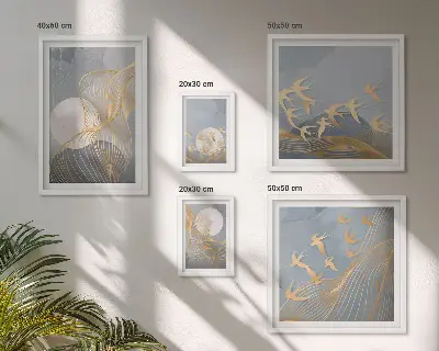 Moderne schilderijen set met abstracte golven en vogels