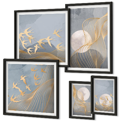 Moderne schilderijen set Abstracte golven en vogels