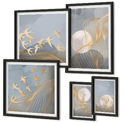 Moderne schilderijen set met abstracte golven en vogels