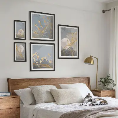 Moderne schilderijen set met abstracte golven en vogels