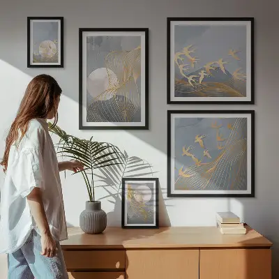 Moderne schilderijen set met abstracte golven en vogels