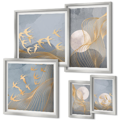 Moderne schilderijen set Abstracte golven en vogels
