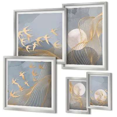 Moderne schilderijen set met abstracte golven en vogels