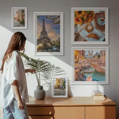 Moderne schilderijenset met sfeervolle beelden van een café