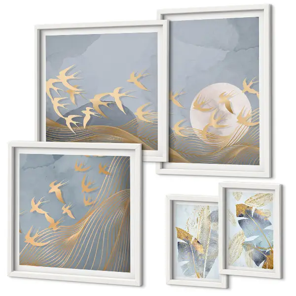 Wanddecoratie compositie stijlvolle vogels met grijze bladeren