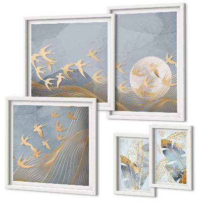 Wanddecoratie compositie Stijlvolle vogels laten grijze bladeren achter